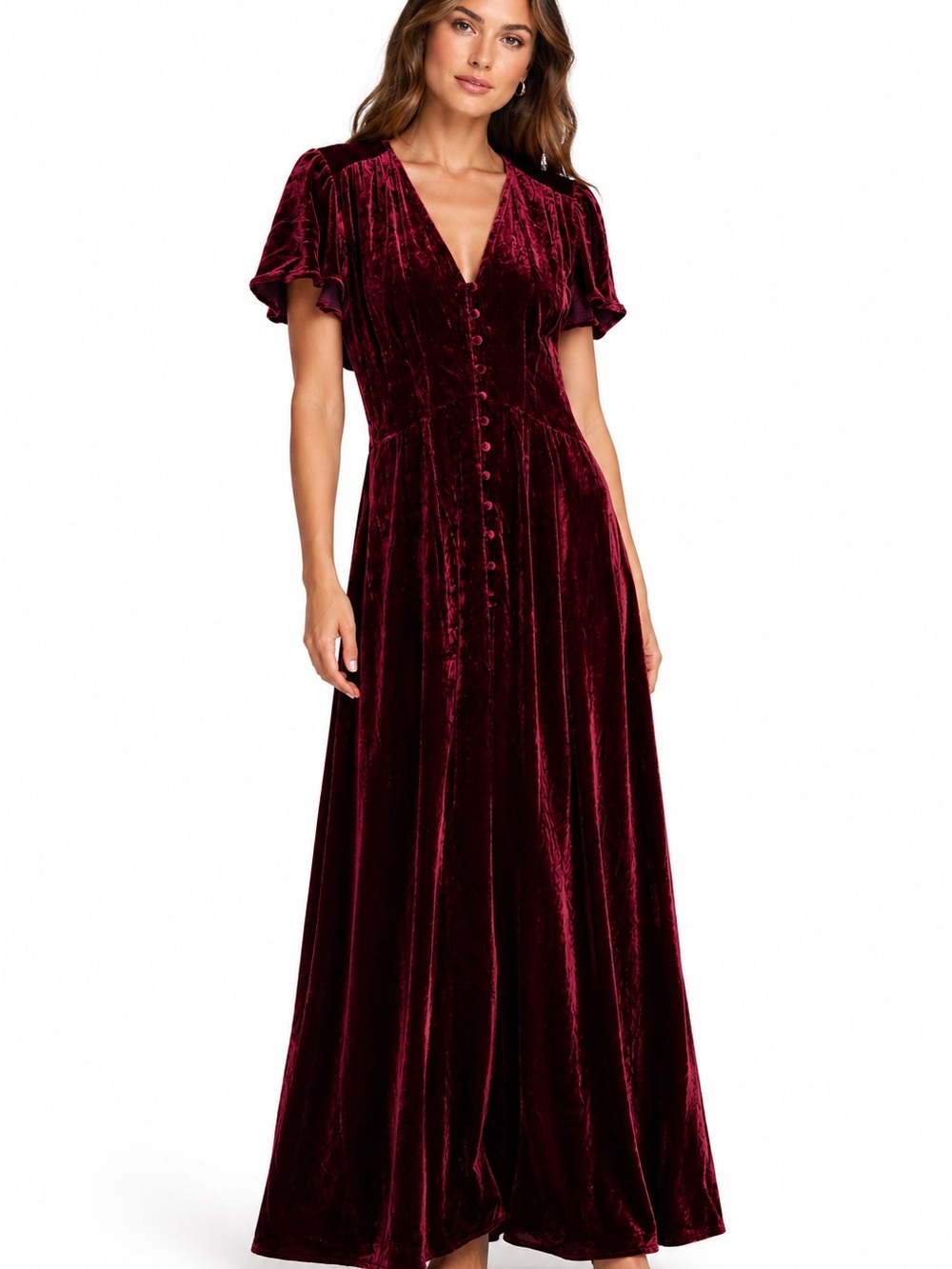 Hale Bob Burgundy Crushed Velvet Maxi Dress V Neck Size M